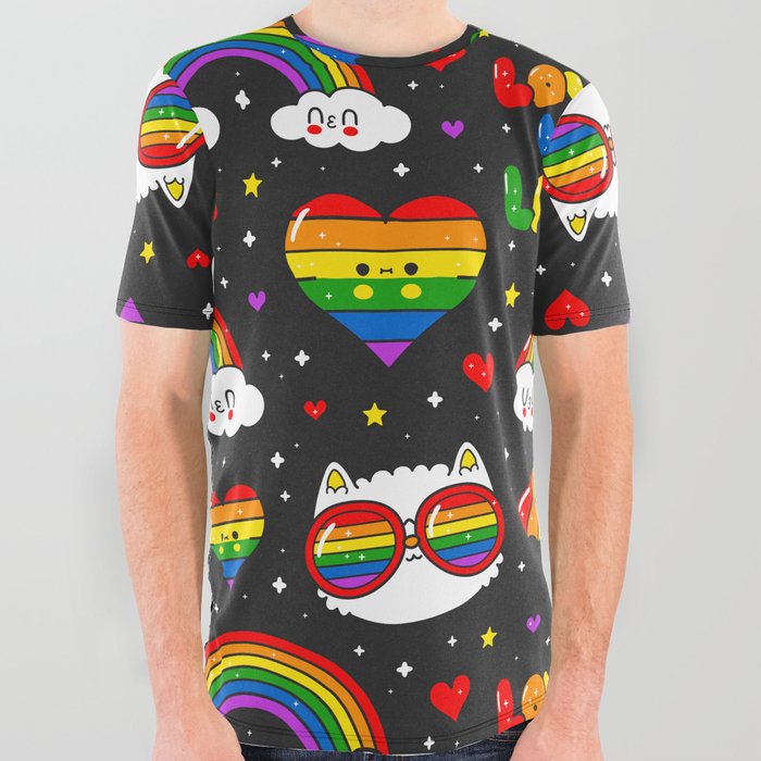 Love is Love Rainbows and Cats All Over Graphic Tee