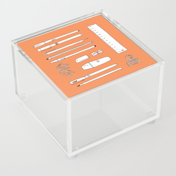Stationery in orange Acrylic Box | Drawing, Ink-pen, Digital, Pen, Pencil, Eraser, Ruler, Clips, Office, Equipment