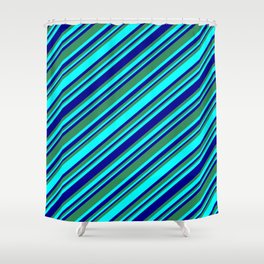[ Thumbnail: Sea Green, Cyan, and Dark Blue Colored Lines/Stripes Pattern Shower Curtain ]