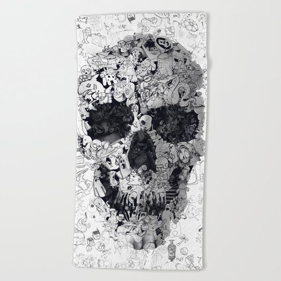 Doodle Skull BW Beach Towel