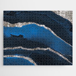 Watercolor Navy Blue And Silver Glitter Liquid Marble Abstract Pattern Jigsaw Puzzle