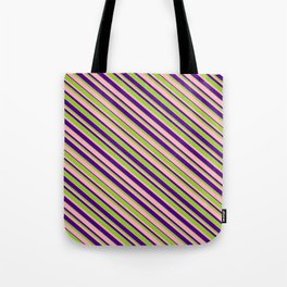 [ Thumbnail: Green, Light Pink & Indigo Colored Striped Pattern Tote Bag ]
