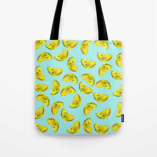 Lemon Slices Pattern Turquoise Tote Bag