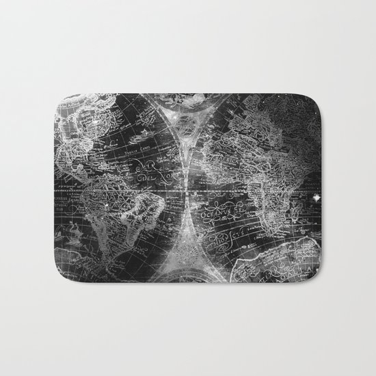 Antique Map Space Stars Black and White Bath Mat