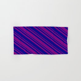 [ Thumbnail: Purple & Dark Blue Colored Pattern of Stripes Hand & Bath Towel ]