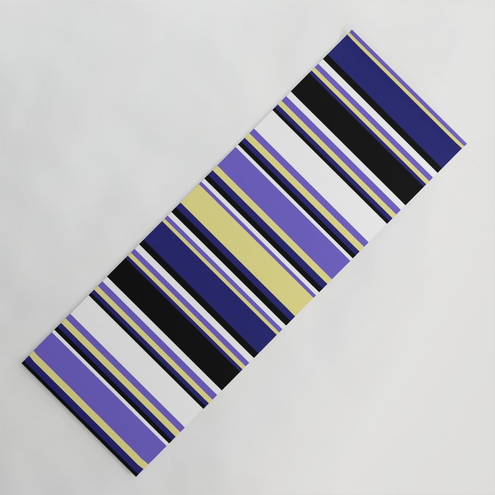Colorful Midnight Blue, Tan, Slate Blue, White, and Black Colored Lined/Striped Pattern Yoga Mat