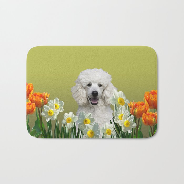 Poodle Dog sitting in field of white daffodils Bath Mat