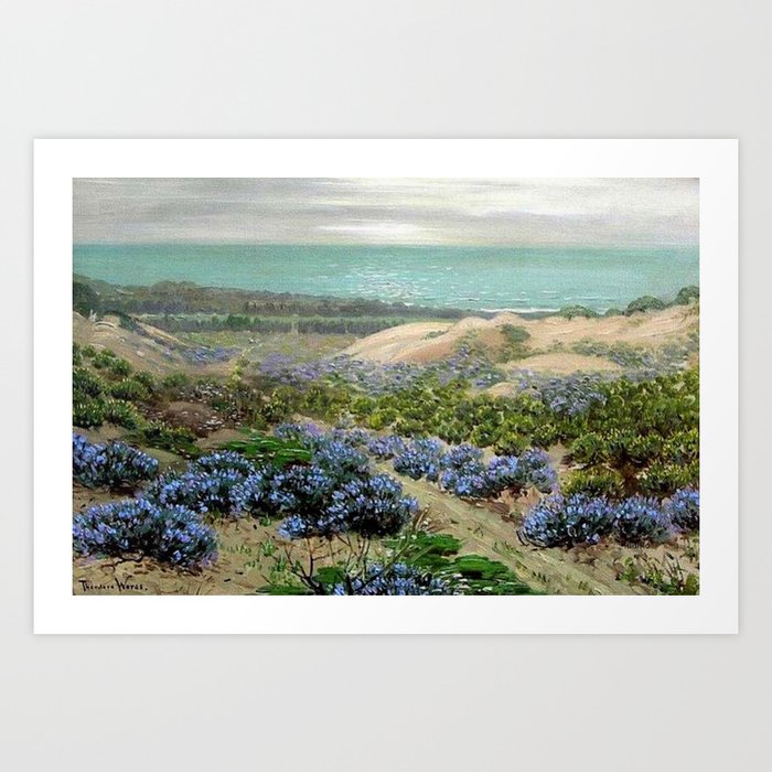 Bluebonnet flowers & San Francisco Sand Dunes nautical seaside landscape painting by Theodore Wores Art Print
