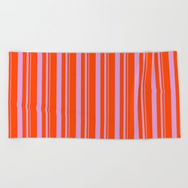 [ Thumbnail: Plum and Red Colored Lined/Striped Pattern Beach Towel ]
