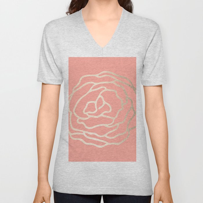 Flower in White Gold Sands on Salmon Pink V Neck T Shirt