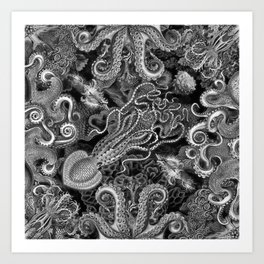 The Kraken (Black & White, Square) Art Print