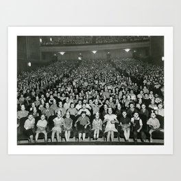 One-thousand Bizzaro Masked Mickeys watching cartoons in theatre black and white photograph Art Print