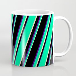[ Thumbnail: Green, Tan, Black, and Indigo Colored Lines/Stripes Pattern Coffee Mug ]