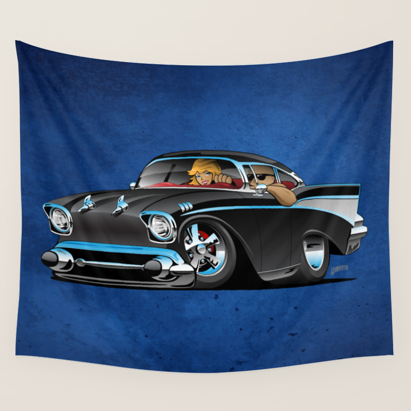 Classic Hot Rod Fifties Muscle Car With Cool Couple Cartoon Wall Tapestry By Hobrath Society6