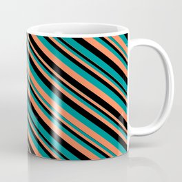 [ Thumbnail: Black, Dark Cyan & Coral Colored Striped Pattern Coffee Mug ]