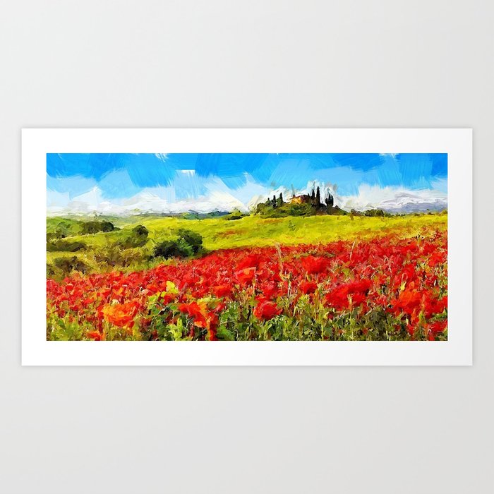 Red Poppies landscape painting, Tuscan Village and Poppy Fields Art Print
