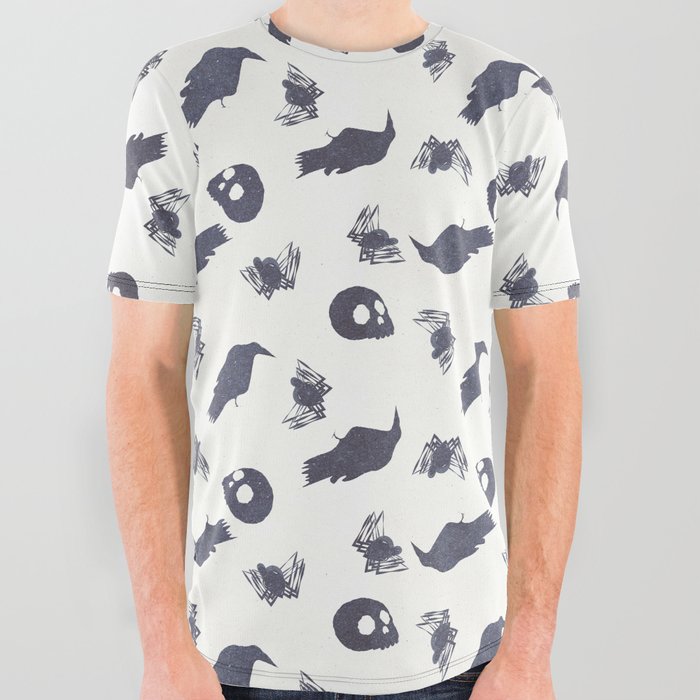 Creepy Objects - Skulls Spiders and Ravens All Over Graphic Tee