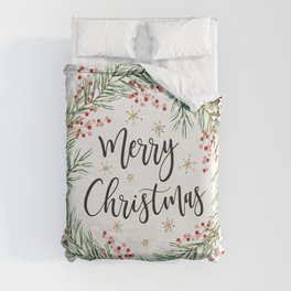 Merry Christmas wreath with red berries Duvet Cover