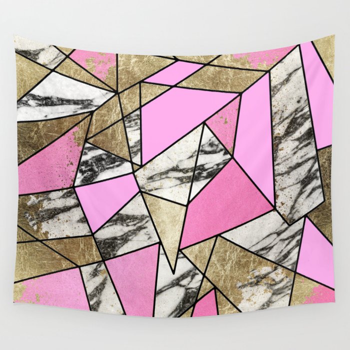 Girly Pink Geometric Gold and Modern Marble Wall Tapestry