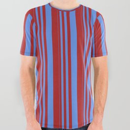 [ Thumbnail: Cornflower Blue & Red Colored Lines/Stripes Pattern All Over Graphic Tee ]