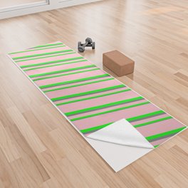 [ Thumbnail: Pink, Lime & Grey Colored Lined Pattern Yoga Towel ]