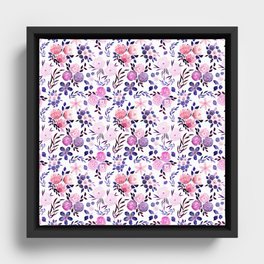 Botanical Watercolor Purple Blue and Gold Flowers Seamless Pattern 07 Framed Canvas