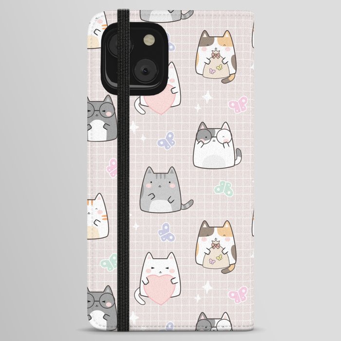 Cute Kawaii Cats with Hearts and Butterflies iPhone Wallet Case