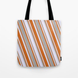 [ Thumbnail: Lavender, Chocolate, and Dark Gray Colored Pattern of Stripes Tote Bag ]