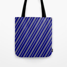 [ Thumbnail: Gray and Blue Colored Striped/Lined Pattern Tote Bag ]