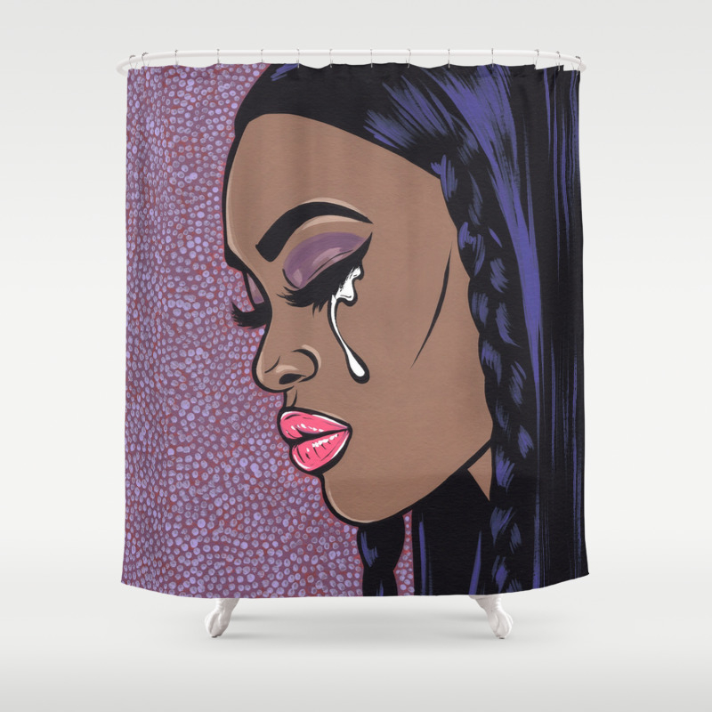 Crying Black Sad Comic Girl Shower, Pretty Afro Girl Shower Curtain