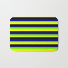 [ Thumbnail: Dark Blue, Green, Yellow & Black Lined Pattern Bath Mat ]