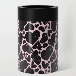 Abstract black hearts pattern with pink and white polka dots Can Cooler