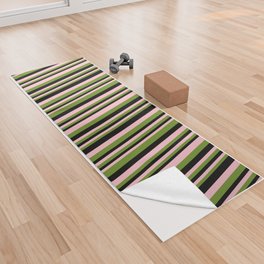 [ Thumbnail: Green, Pink, and Black Colored Striped Pattern Yoga Towel ]
