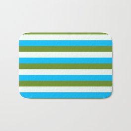[ Thumbnail: Deep Sky Blue, Green, and Mint Cream Colored Striped/Lined Pattern Bath Mat ]