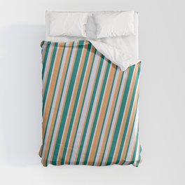 [ Thumbnail: Brown, Teal, and Lavender Colored Lined Pattern Duvet Cover ]