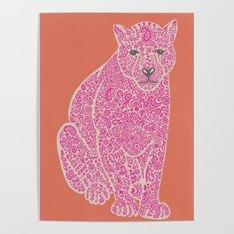 Mehndi Leopard in Pink and Coral Poster