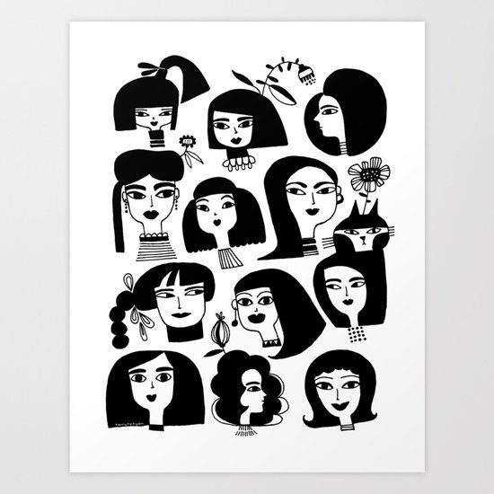 GIRLS AND ONE CAT Art Print