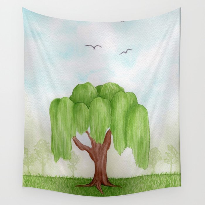 Weeping Willow Tree Watercolor Landscape Painting Wall Tapestry By Kathryntmccardle Society6