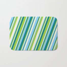 [ Thumbnail: Teal, Green, Beige & Light Sky Blue Colored Stripes/Lines Pattern Bath Mat ]