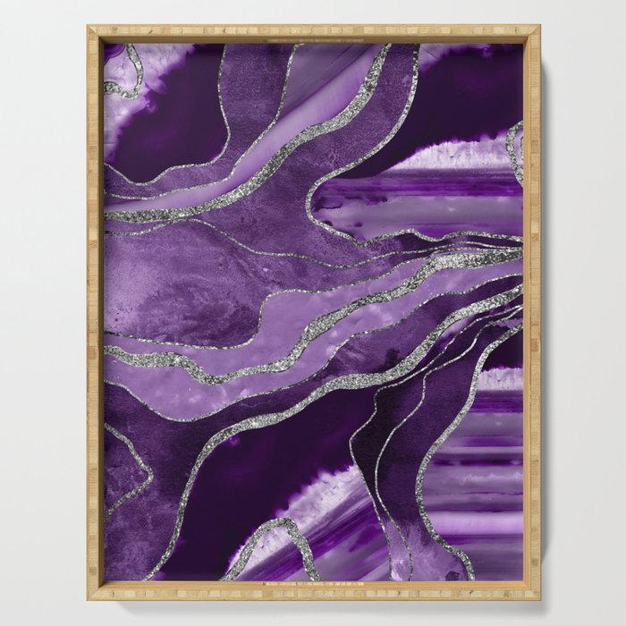 Purple Marble Agate Silver Glitter Glam #1 (Faux Glitter) #decor #art #society6 Serving Tray