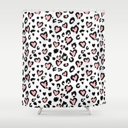Leopard or jaguar seamless pattern, textured fashion, abstract safari background. Effect of big tropical wild cat fur, spots stylized as hearts with pink camouflage Shower Curtain