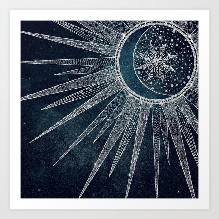 Elegant Silver Sun Moon Doodle Mandala Blue Design Art Print