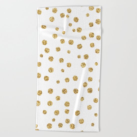Gold glitter confetti on white - Metal gold dots Beach Towel