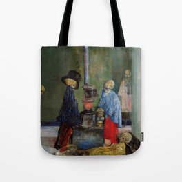 Skeletons warming themselves by old potbelly stove in abandoned factory grotesque art portrait painting by James Ensor Tote Bag