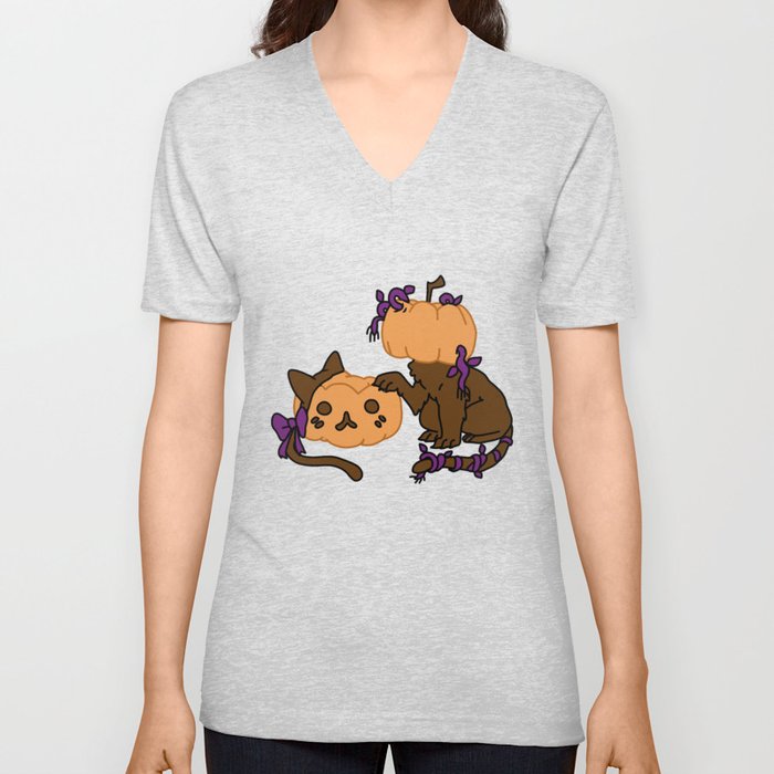 Pumpkin Kitty V Neck T Shirt