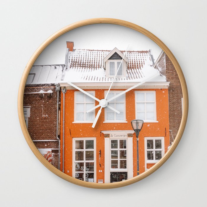 Orange Winter House in the Snow | Travel & City Photography in Hanzestad the Netherlands, Europe Wall Clock