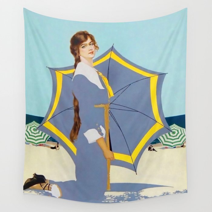 C Coles Phillips “Beach Umbrella” Fadeaway Girl Wall Tapestry