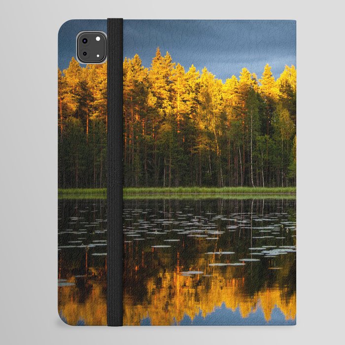 Mirrored autumn lake with golden foliage reflection as sun sets alpine color photograph / photography iPad Folio Case