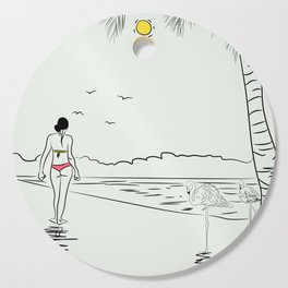 woman and flamingo on the beach Cutting Board