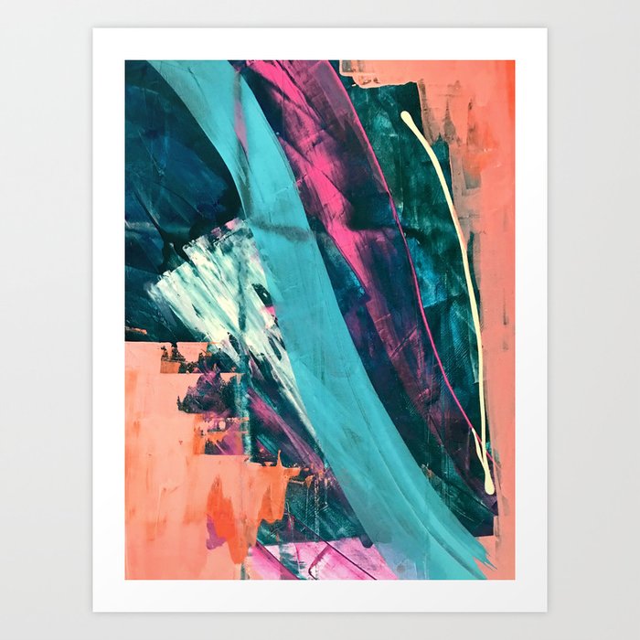 Wild [7]: a bold, colorful abstract mixed-media piece in teal, orange, neon blue, pink and white Art Print